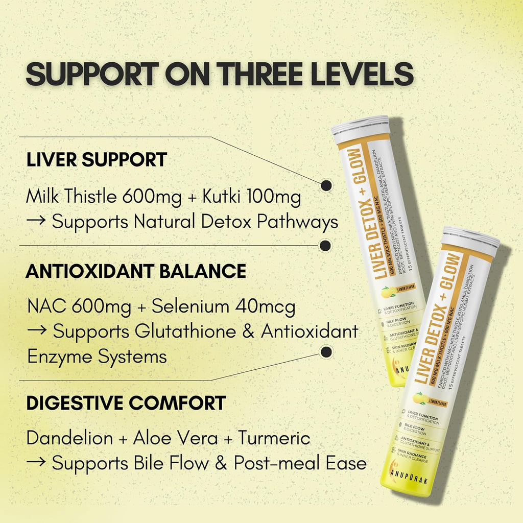 ANUPURAK Liver Detox Effervescent Tablets — NAC 600mg + Milk Thistle 600mg (80% Silymarin) | 10 Actives Liver Support Supplement for Antioxidant & Digestive Support | Lemon Flavour | 15 Tablets (Pack 1)