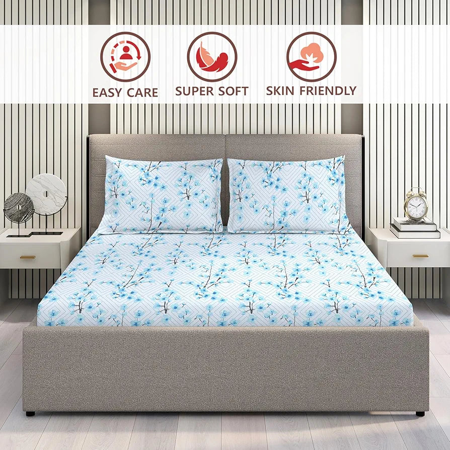 Layers Lumina Floret Cotton Bedsheet Set for All Seasons Lightweight 144 TC King Size Blue Ethnic