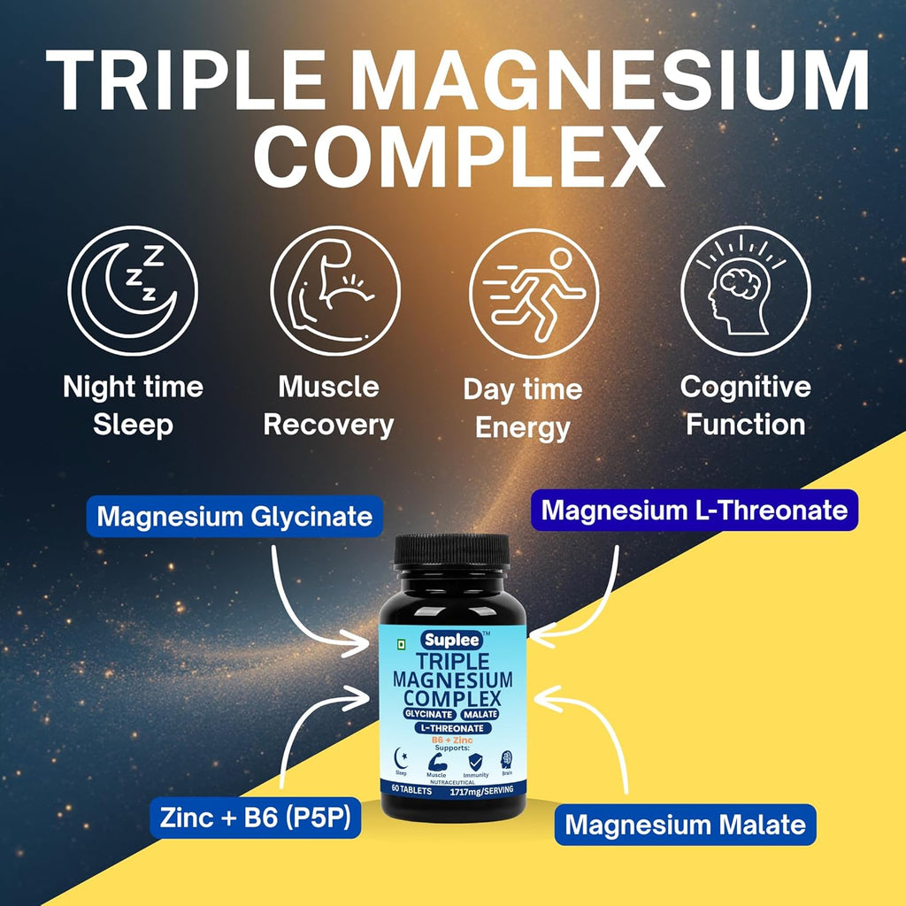 Suplee Triple Magnesium Complex Supplement with Magnesium Glycinate, L-Threonate & Malate | With Zinc & Vitamin B6 for Sleep, Muscle, & Brain Support | 60 Tablets