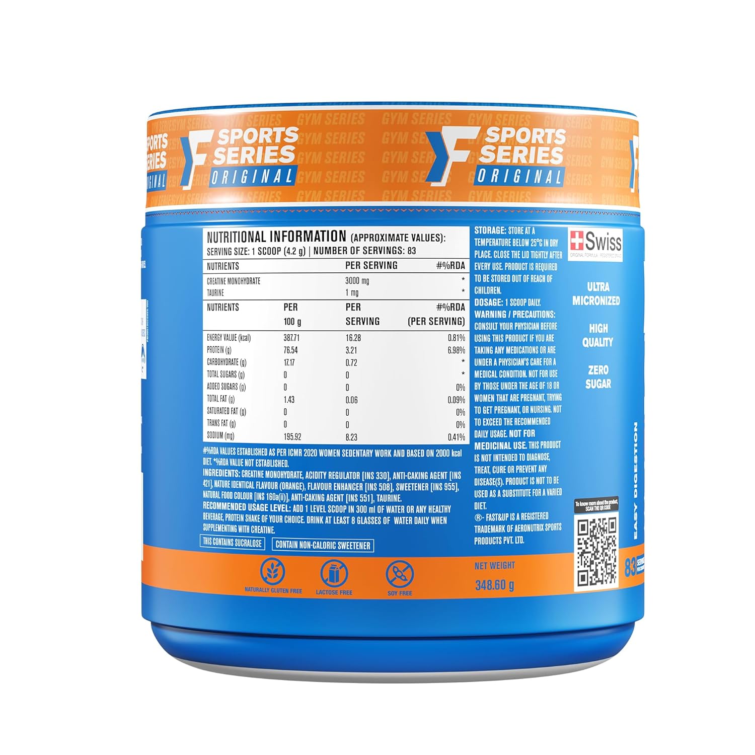 Fast&Up Creatine Monohydrate Powder | 100% Pure Micronized Creatine Supplement for Muscle Growth, Strength & Recovery | Unflavoured Creatine Powder, 250g (83 Servings)