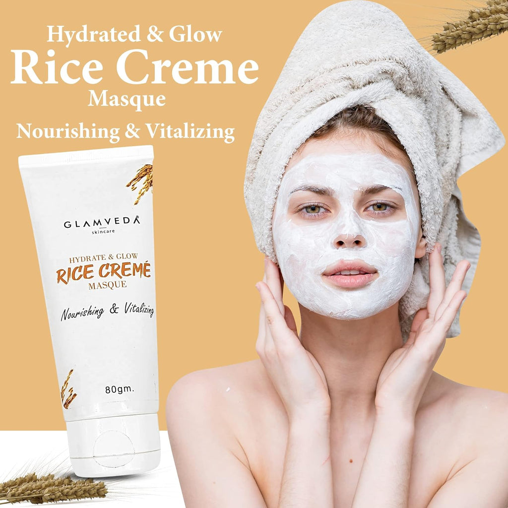 Glamveda Rice Water Cream Mask for Hydration & Glow | Face Pack for Dull, Dry & Sensitive Skin | Face Masque | Suitable for Men & Women | Paraben & SLS Free | 80 g