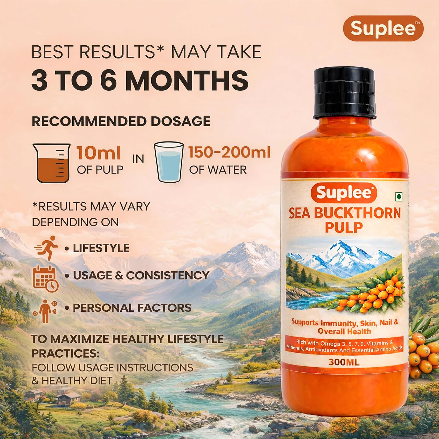Suplee 99.9% Pure Himalayan Sea Buckthorn Pulp 300ml | Original & Natural Seabuckthorn Pulp Concentrate Rich in Omega 3, 6, 7 & 9 | Sugar Free Immunity Booster & Antioxidant Supplement for Radiant Skin, Hair & Overall Health | 300ml