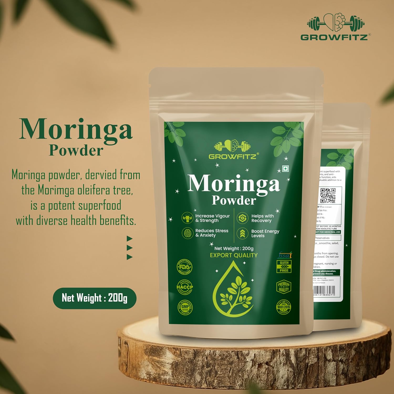 Growfitz 100% Organic Moringa Powder 200g | Healthy Superfood For Weight Loss, Naturally Boost Energy Levels, Multivitamins, Digestion, Stamina, Skincare | Rich in Nutrients (Pack of 1)