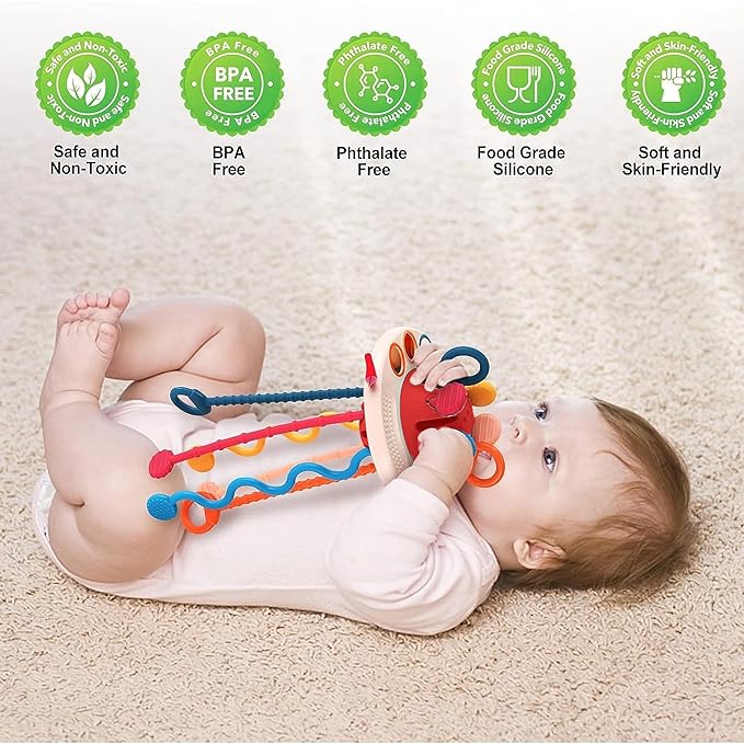 Kidology Montessori Teething Toy Set for Toddlers Food-Grade Pull String UFO Red