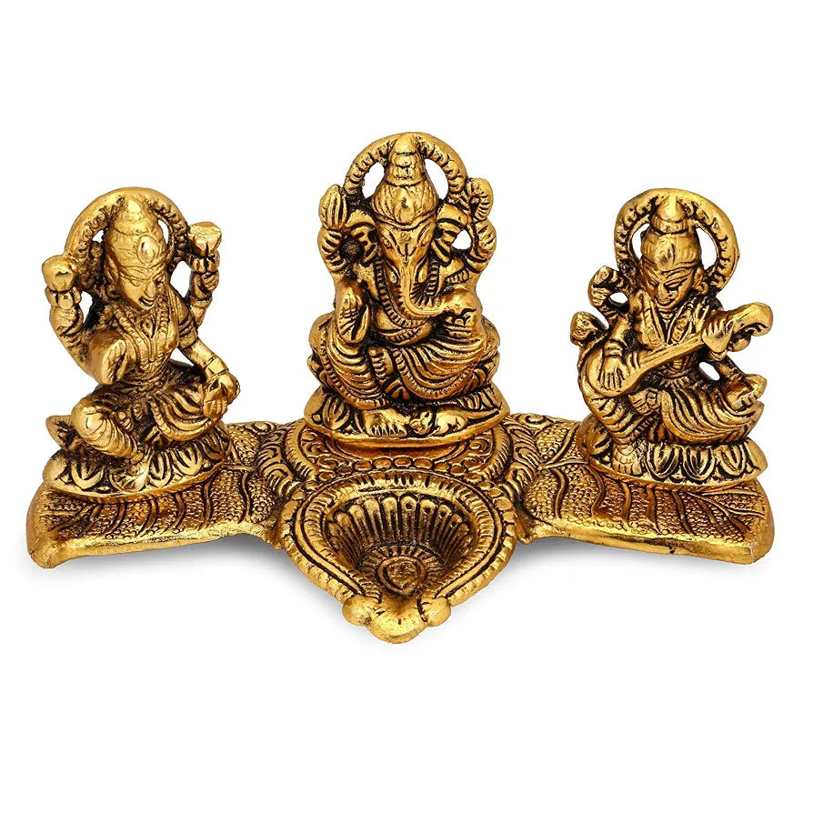 CraftVatika Laxmi Ganesh Saraswati Metal Murti Idol with Diya Showpiece Golden Pooja
