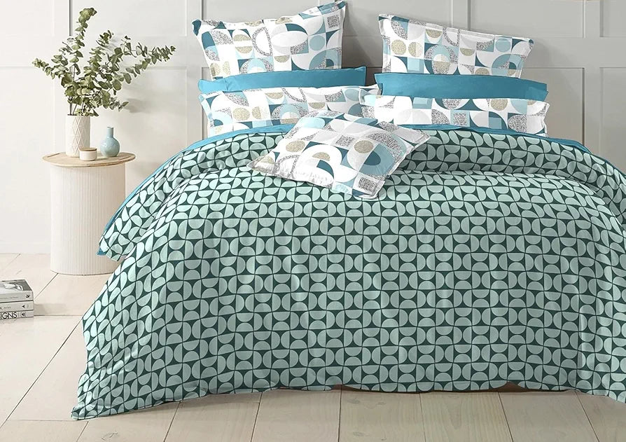 The Home Style Cotton Elastic Fitted All Around Printed King Size 400 TC Double Bed Bedsheet Wih 2 Pillow Cover Minty Waves