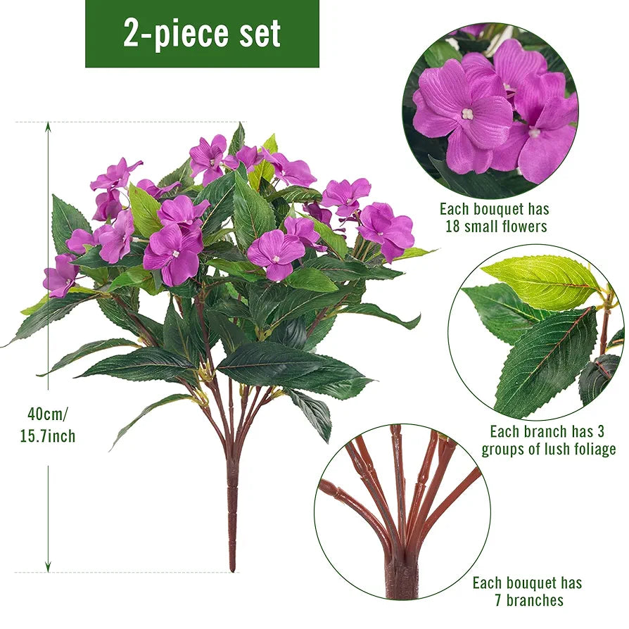 2 Pieces Artificial Flower Impatiens for Balcony Garden Bonsai Decoration Purple-2