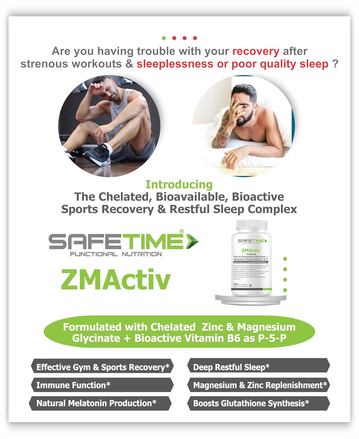 ZMActiv ZINC & MAGNESIUM GLYCINATE with ACTIVE VITAMIN B6 P5P Sports Recovery, Restful Sleep, Immunity, Glutathione Booster, Bioavailable, Safe (90 Veg Capsules)