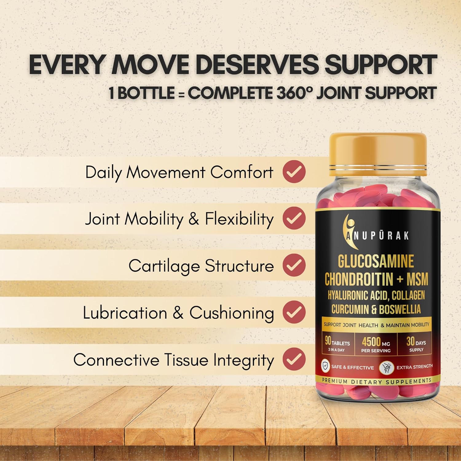 ANUPURAK Glucosamine Chondroitin MSM Tablets | 4500mg | 11 Actives Joint Support Supplement : Collagen Type II, Hyaluronic Acid & Boswellia | Knee Mobility, Cartilage & Joint Health | 90 Tablets (30 Days)