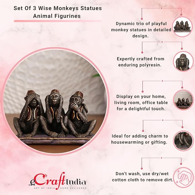 Ecraftindia Handcrafted Polyresin and Bronze Set of 3 Wise Monkeys Statues Animal Figurines Decorative Showpiece