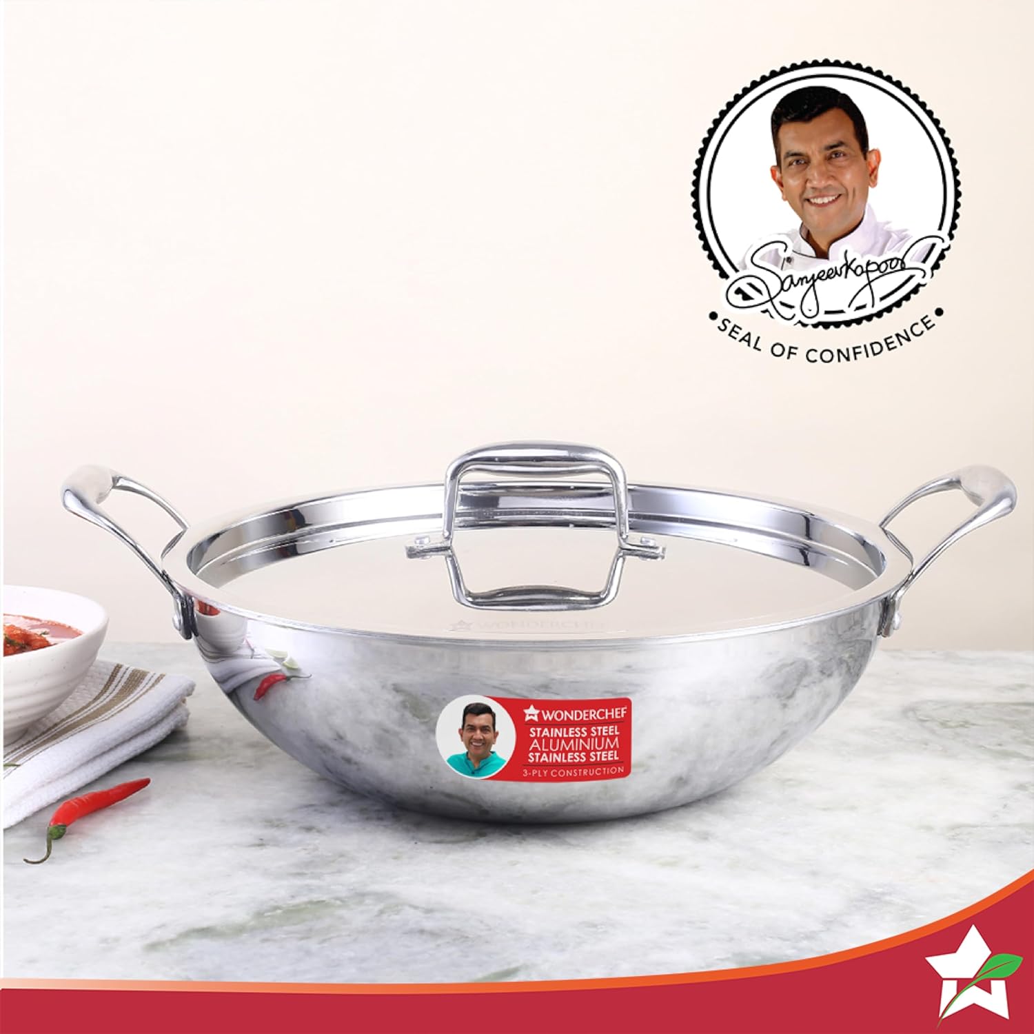 Wonderchef Nigella Tri-ply Stainless Steel 30 cm Kadhai with Lid