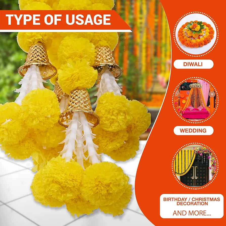 Marigold Artificial Flowers for Decoration Long Garland 5 Feet Long 5 Pcs Yellowbell