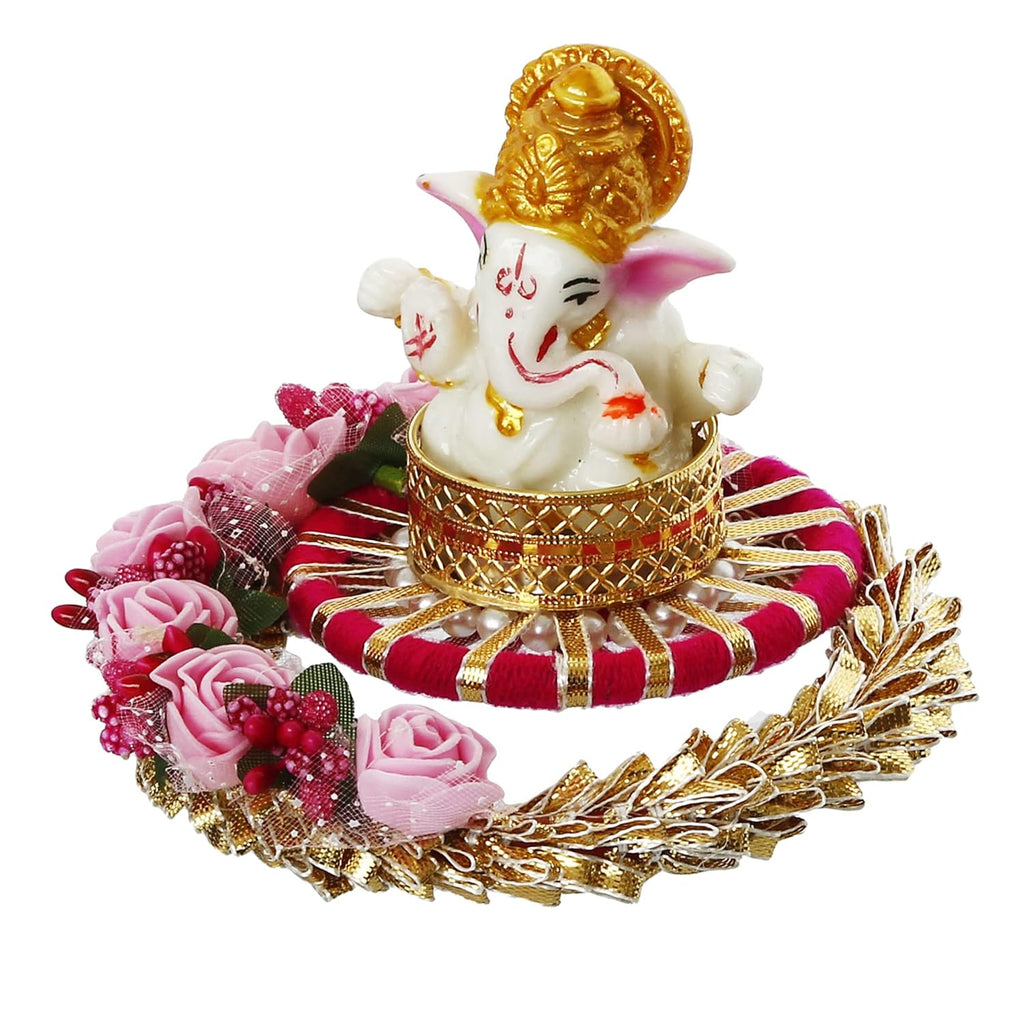 Ecraftindia Polyresin Lord Ganesha Idol on Pink Floral Handcrafted Plate | Exquisite Hindu God Figurine