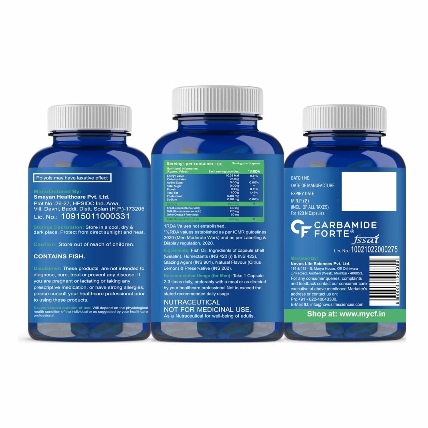 Carbamide Forte Double Strength Fish Oil 1000mg with Omega 3 600mg -120 Capsules, 250 grams