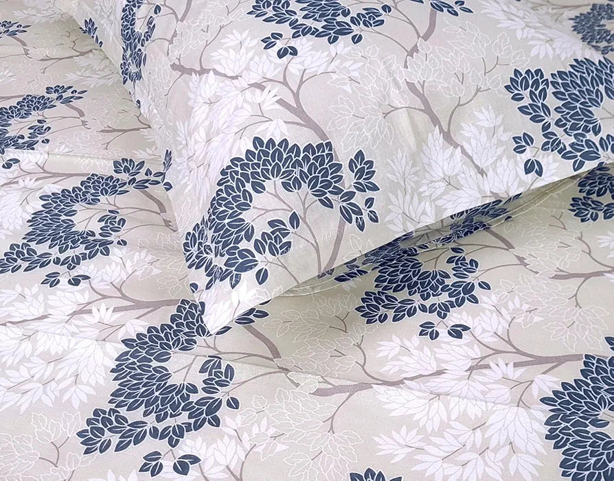 Divine Casa 144 TC Pure Cotton Single Bedsheet with 1 Pillow Cover Floral Pattern Colour Grey Blue