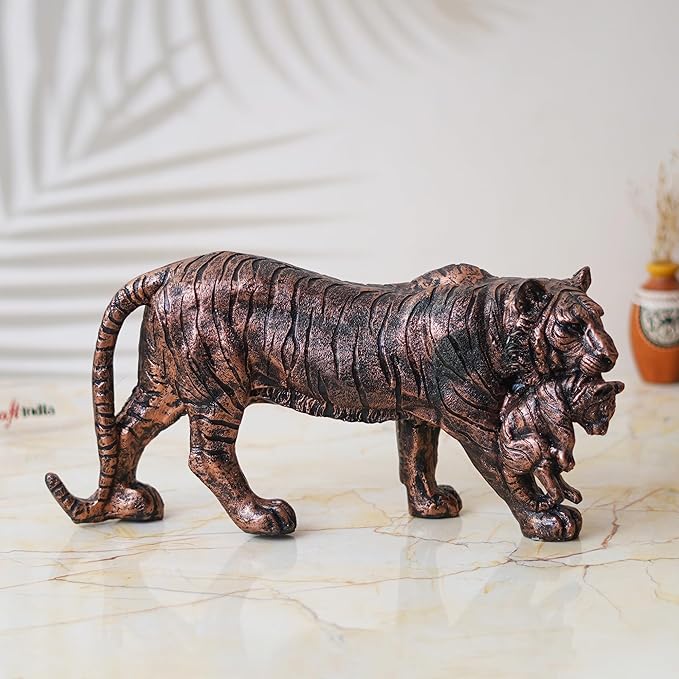 Ecraftindia Rustic Brown Polyresin Lioness With Cub Statue Animal Figurine Decorative Showpiece