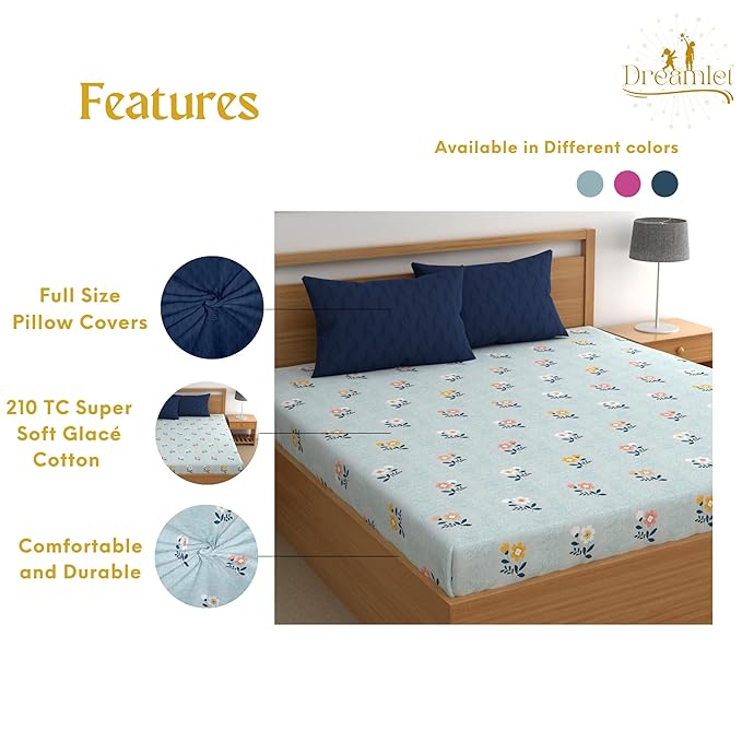 Dreamlet Premium Cotton Flat Double Bedsheets With 2 King Size Pillow Covers Double Bed Breathable | Sky Blue