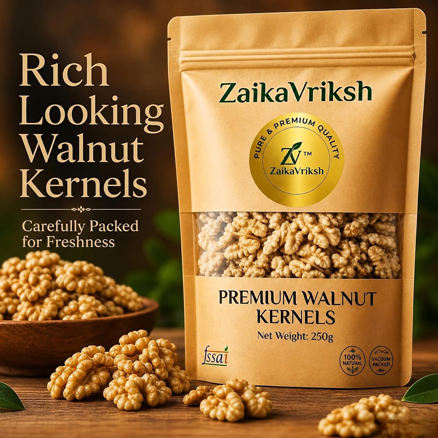 ZaikaVriksh Premium White Chile Walnut Halves 250g | Large Size Akhrot Giri | Extra Light Walnut Kernels | Vacuum Packed | Rich in Omega 3, Protein & Fiber | Healthy Dry Fruits