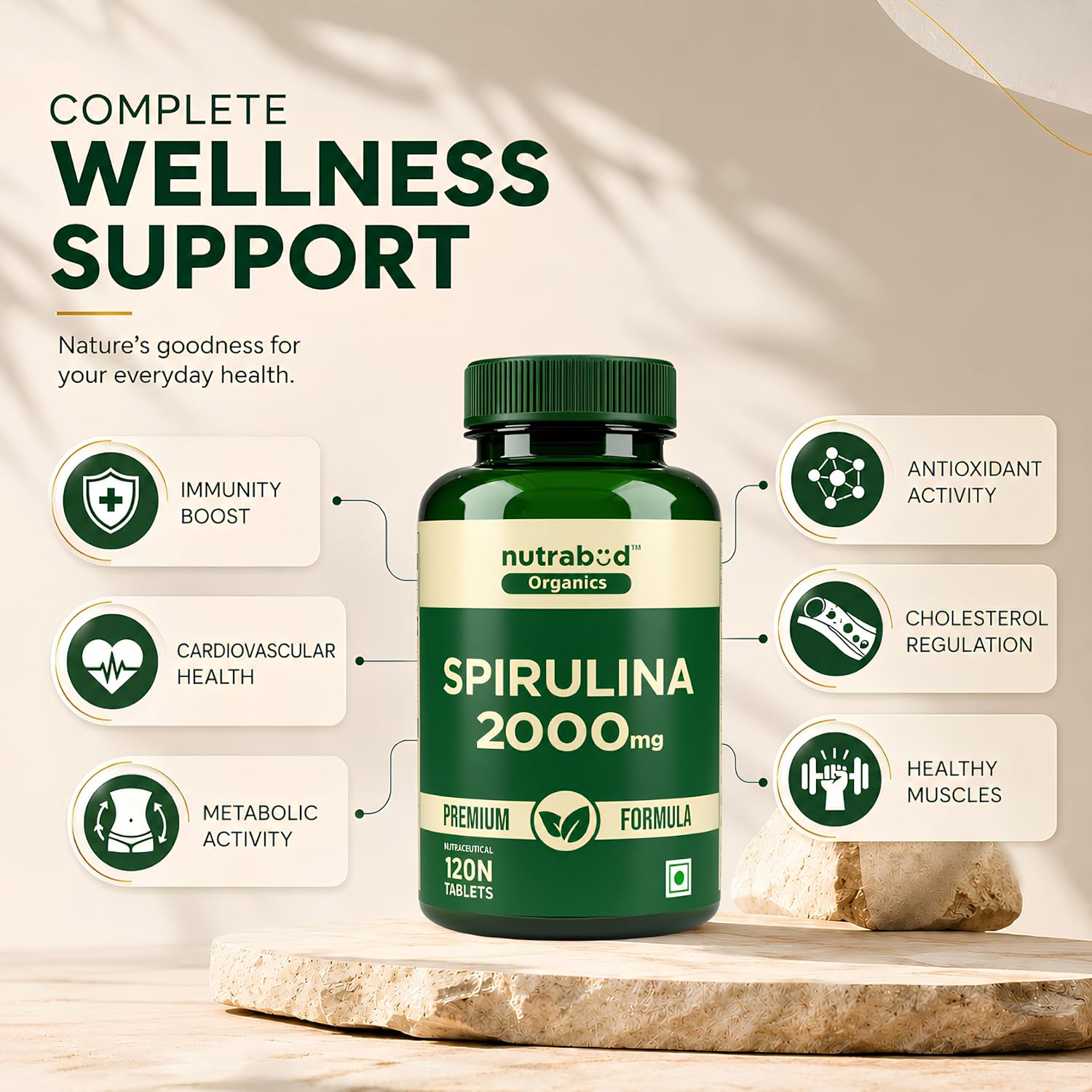 Nutrabud Spirulina Tablets 2000mg per Serving - 120 Veg Tablets - For Women, Men - Preservative & Additive Free (120 Count (Pack of 1))