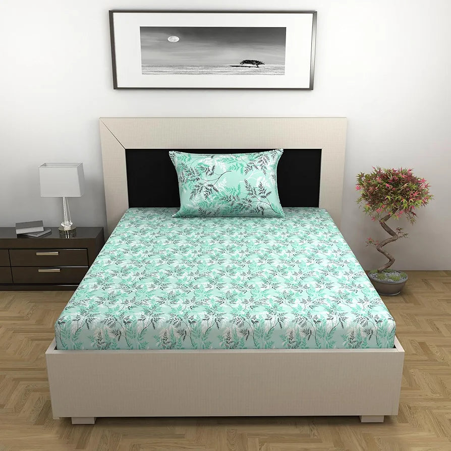 Divine Casa 144 TC 100% Cotton Single Bedsheet with 1 Pillow Cover Floral Pattern Colour Aqua Mist