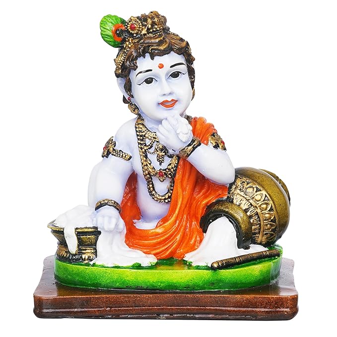 Ecraftindia Polyresin Handcrafted Little Krishna Idol Eating Makhan Decorative Showpiece for Devotees and Lovers of Lord Krishna