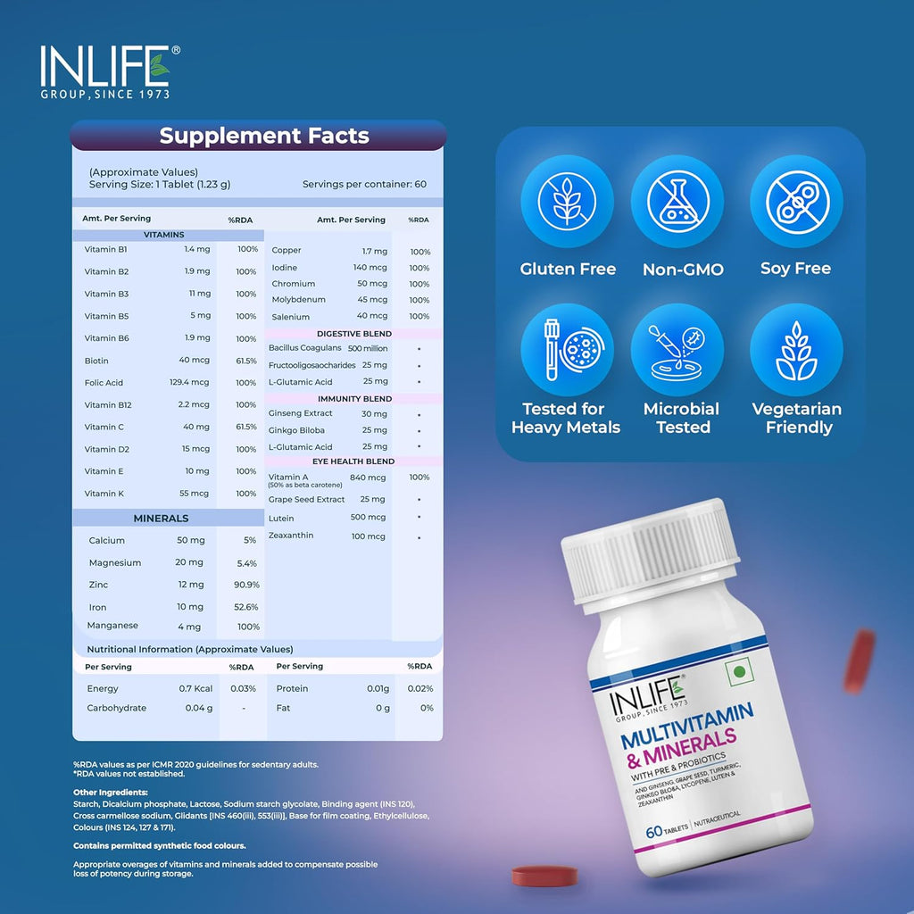 INLIFE Multivitamin Tablets For Men & Women with Ginseng & Prebiotic Probiotic | Multivitamin Supplement with Vitamin B12, C, D, E, Zinc & Biotin Nutrition Tablet (60 Tablets)