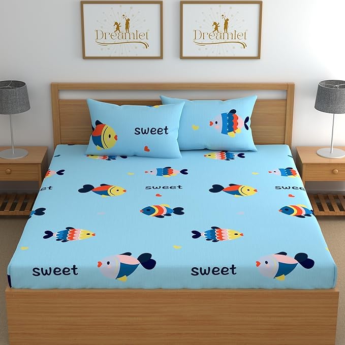 Dreamlet Prime Collections 180tc Pure Cotton Breathable Supersoft Wrinkelfree Double Flat Bedsheet With 2 King Size Pillow Covers | Sky Blue