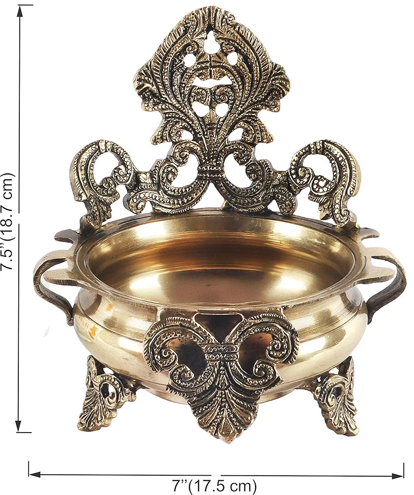 Two Moustaches Ethnic Carved Brass 7 Inches Decor Urli Bowl, Brass Urli for Home Decor, Standard, Pack of 1