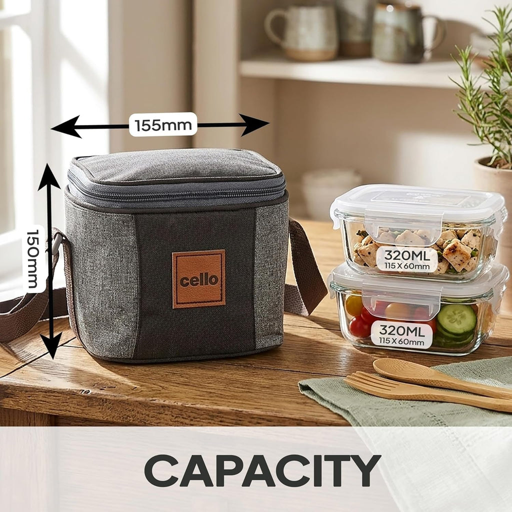 CELLO Glassy Square Lunch Box Set of 2 Pcs (320ml x 2) with Jacket