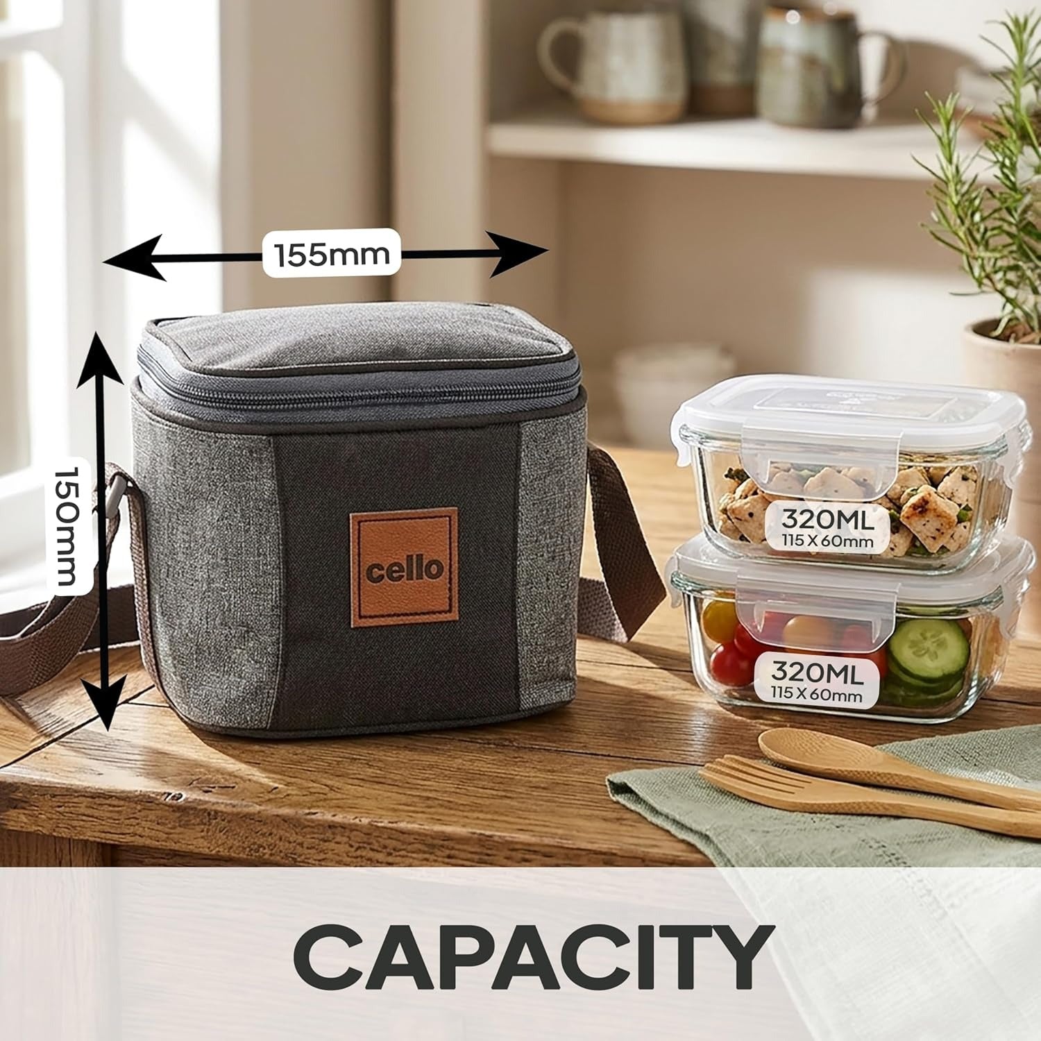 CELLO Glassy Square Lunch Box Set of 2 Pcs (320ml x 2) with Jacket