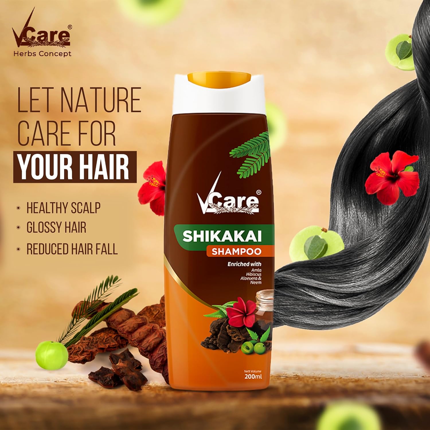 VCare Shikakai Shampoo - 200 ml (Pack of 3)