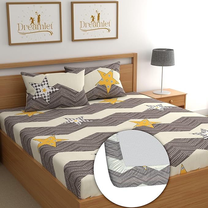 Dreamlet All Around Elastic Supersoft 210tc Premium Cotton Elastic Fitted Bedsheets With 2 King Size Pillow Covers | Grey and Yellow