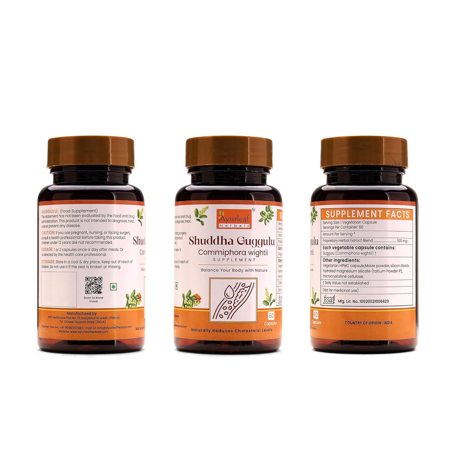 Ayurleaf Herbals Pure Ayurvedic Shuddha Guggulu Capsules - 60 Caps