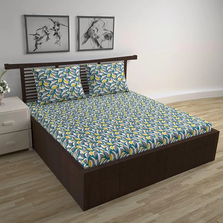 Divine Casa Floret 100% Cotton Double Fitted Bedsheet 144 TC Colour Woody Petals