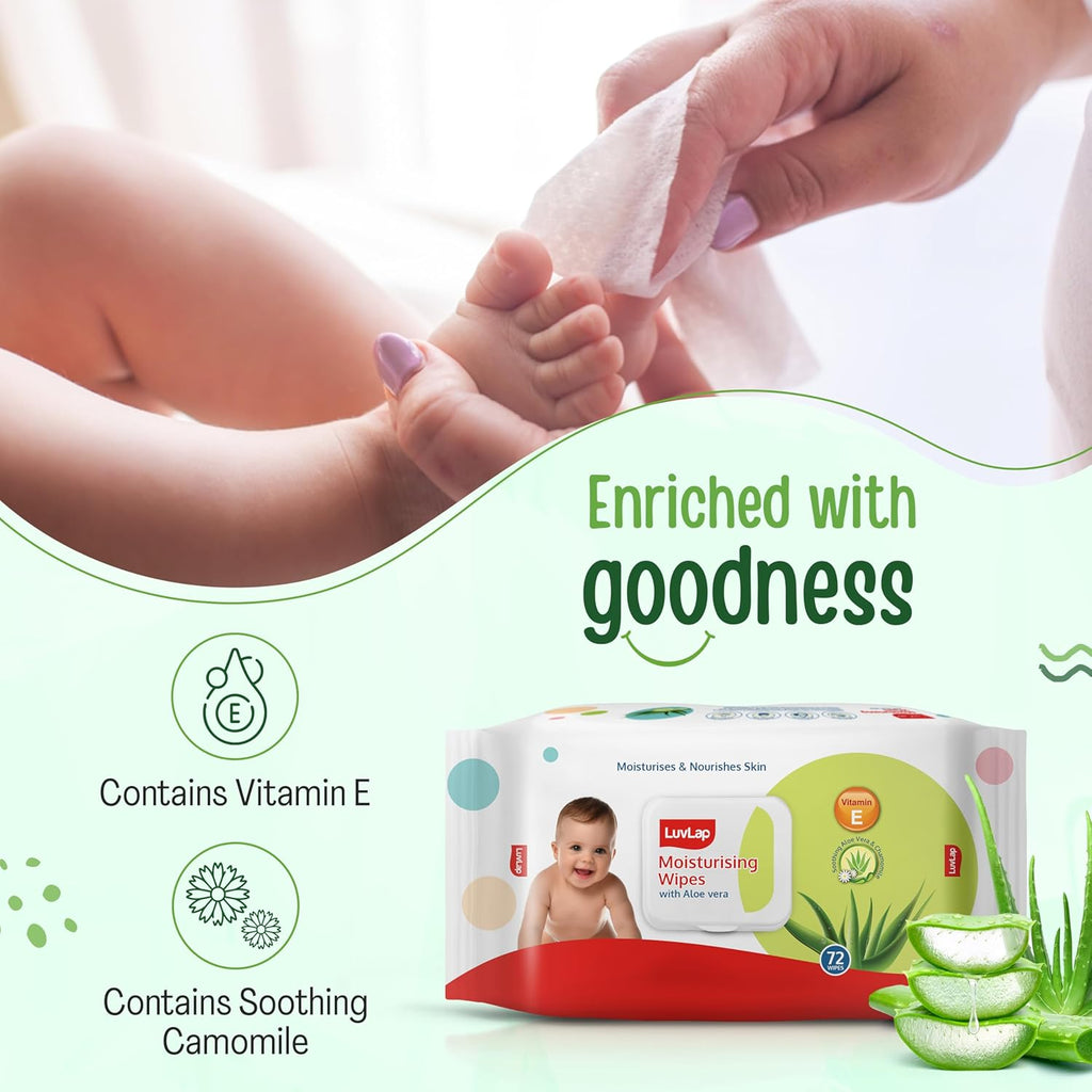 LuvLap Moisturising Wet Wipes with Lid For Baby Skin, Enriched with Aloe Vera, Vitamin E & Chamomile Extract, pH Balanced, Dermatologically Safe, Paraben & Sulphate Free, 72 Wipes