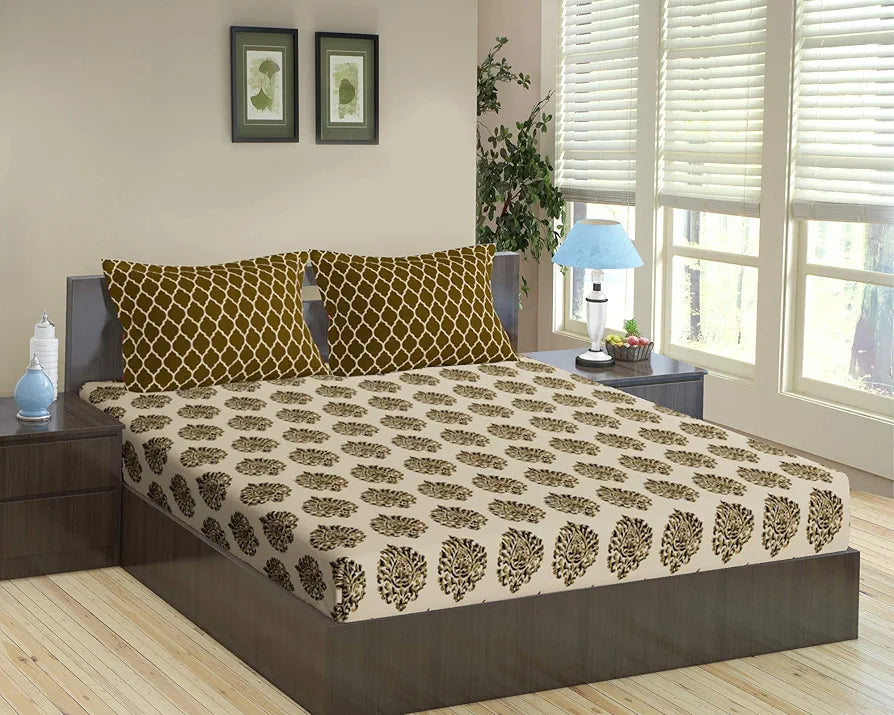 Trance Home Linen 200 TC 100% Cotton Standard King Size Elastic Fitted Bedsheet Printed King Bed Size with 2 Pillow Covers Colour Forest Green