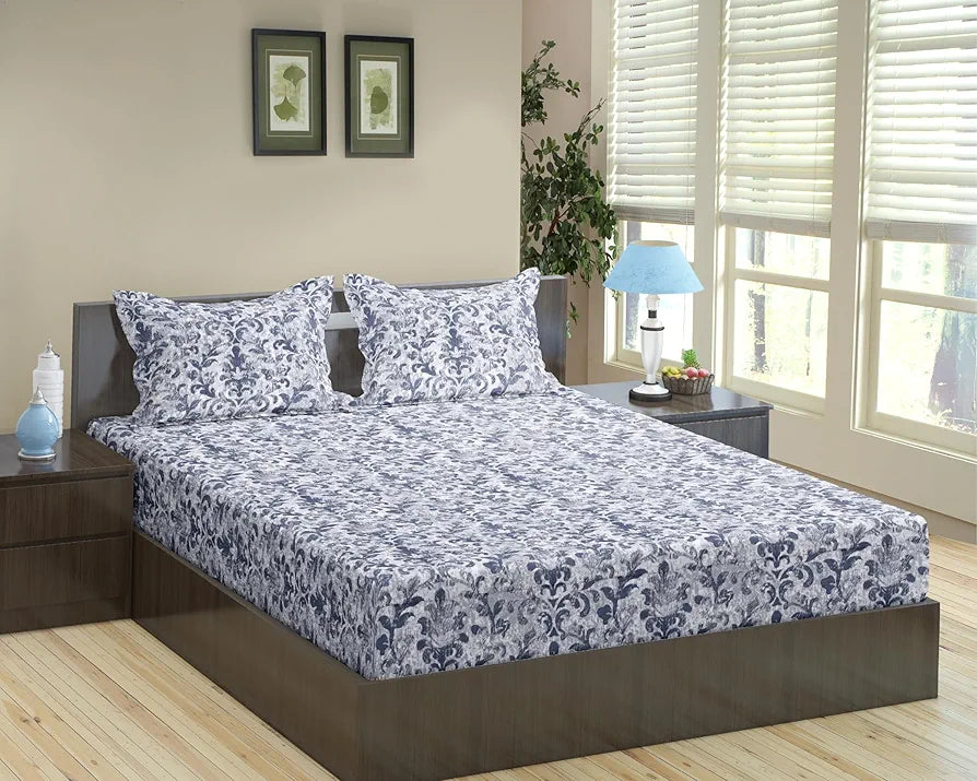 Trance Home Linen 180TC 100% Cotton 78"x72" Standard King Size Elastic Fitted Bedsheet Printed King Bed Size with 2 Pillow Covers Colour Royal Blue