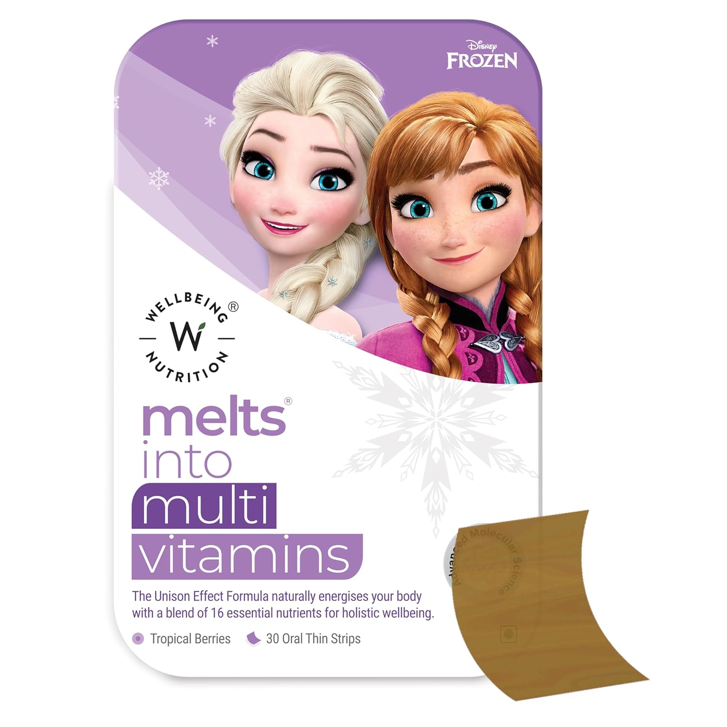 Wellbeing Nutrition Disney Frozen MeltsÂ® Multivitamins for Kids (6+) | 100% RDA Vegan Kids supplements for Growth & Development | Vitamins A, B-Complex, C, D & Iron | Tropical Berry | 30 Oral Strips