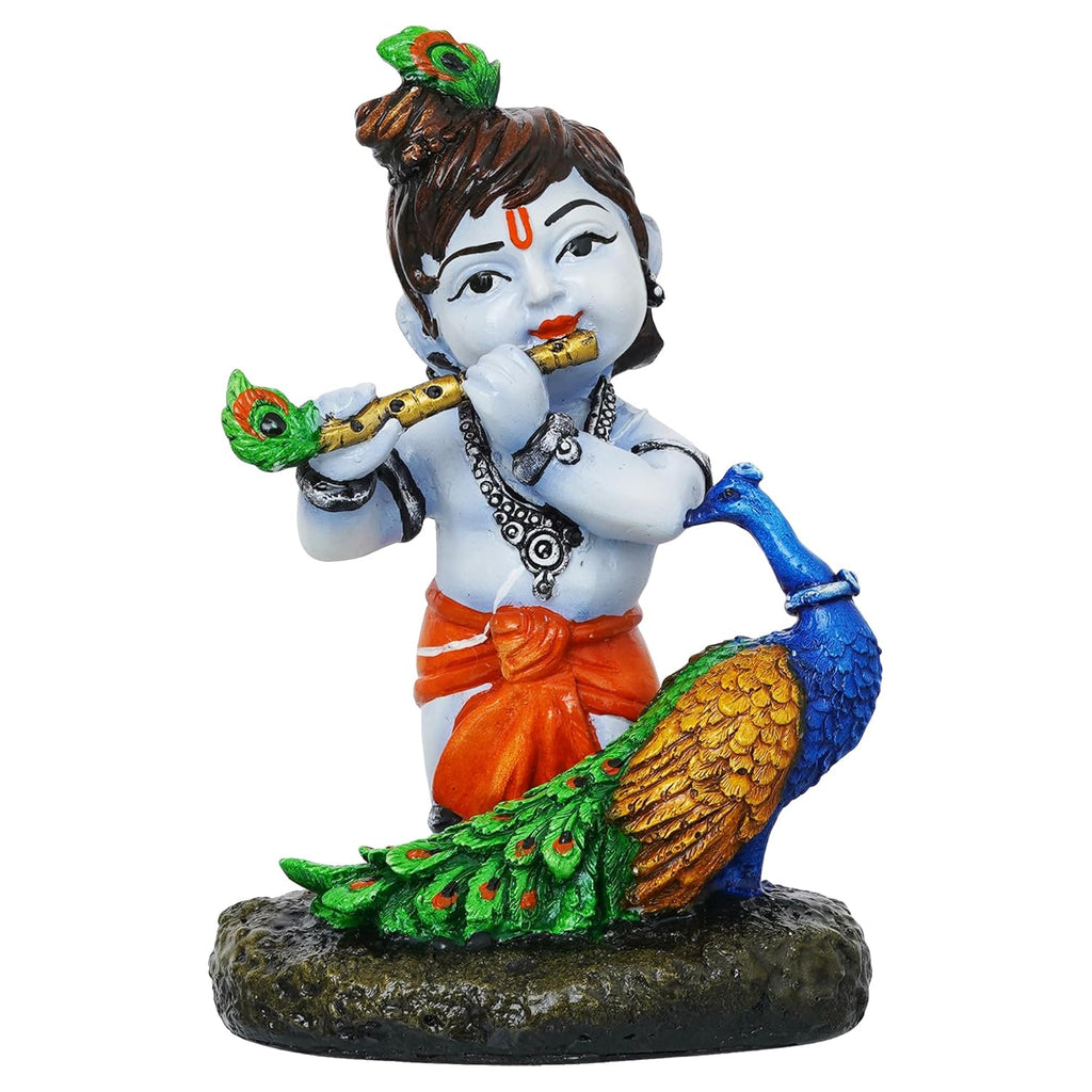 Ecraftindia Colorful Baby Krishna Idol Playing Flute With a Peacock Statue Showpiece