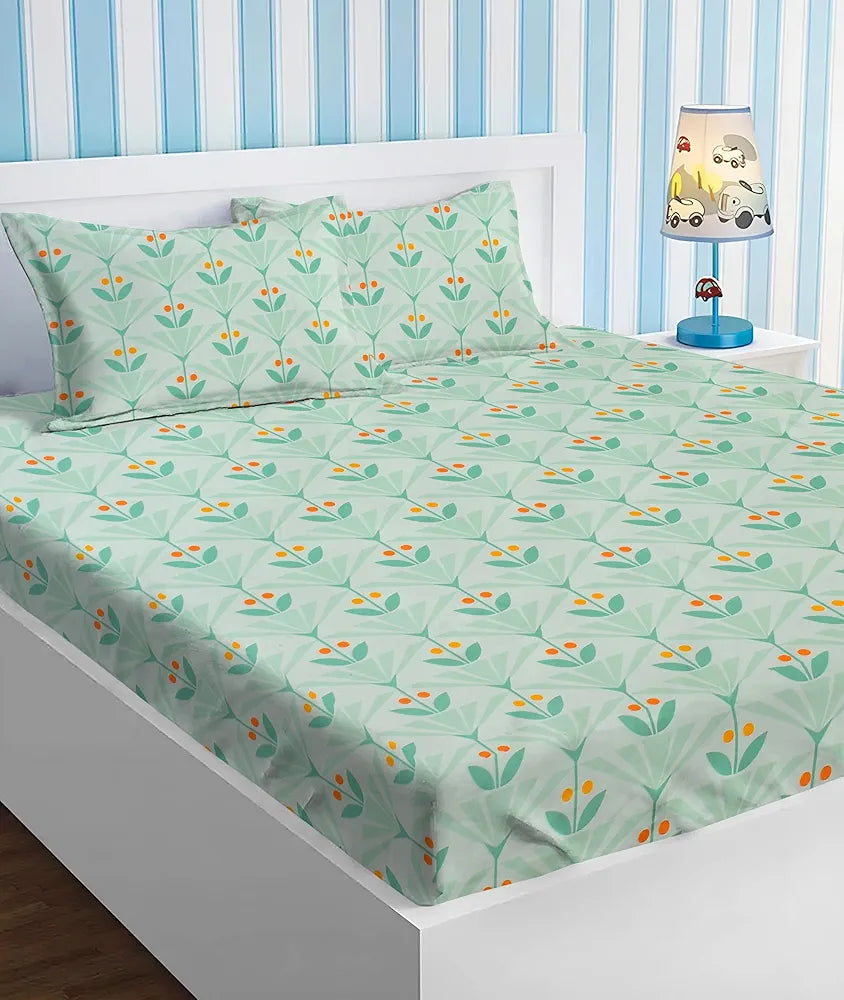 Homekart Premium Cotton Elastic Fitted Bedsheets with 2 King Size Pillow Covers Double Bed Flower Print Light Green Orange 200 tc - 220 tc