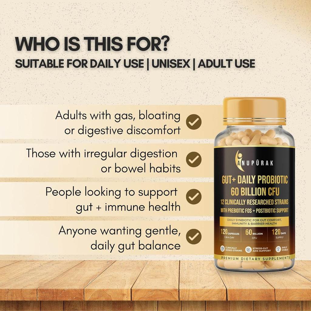 ANUPURAK Gut Health Probiotic 60 Billion CFU — 12 Strains Synbiotic | Postbiotic + FOS & GOS Prebiotics | Supports Digestion, Gut Flora & Immunity | Daily Gut Balance Supplement | 120 Capsules (120 Days)