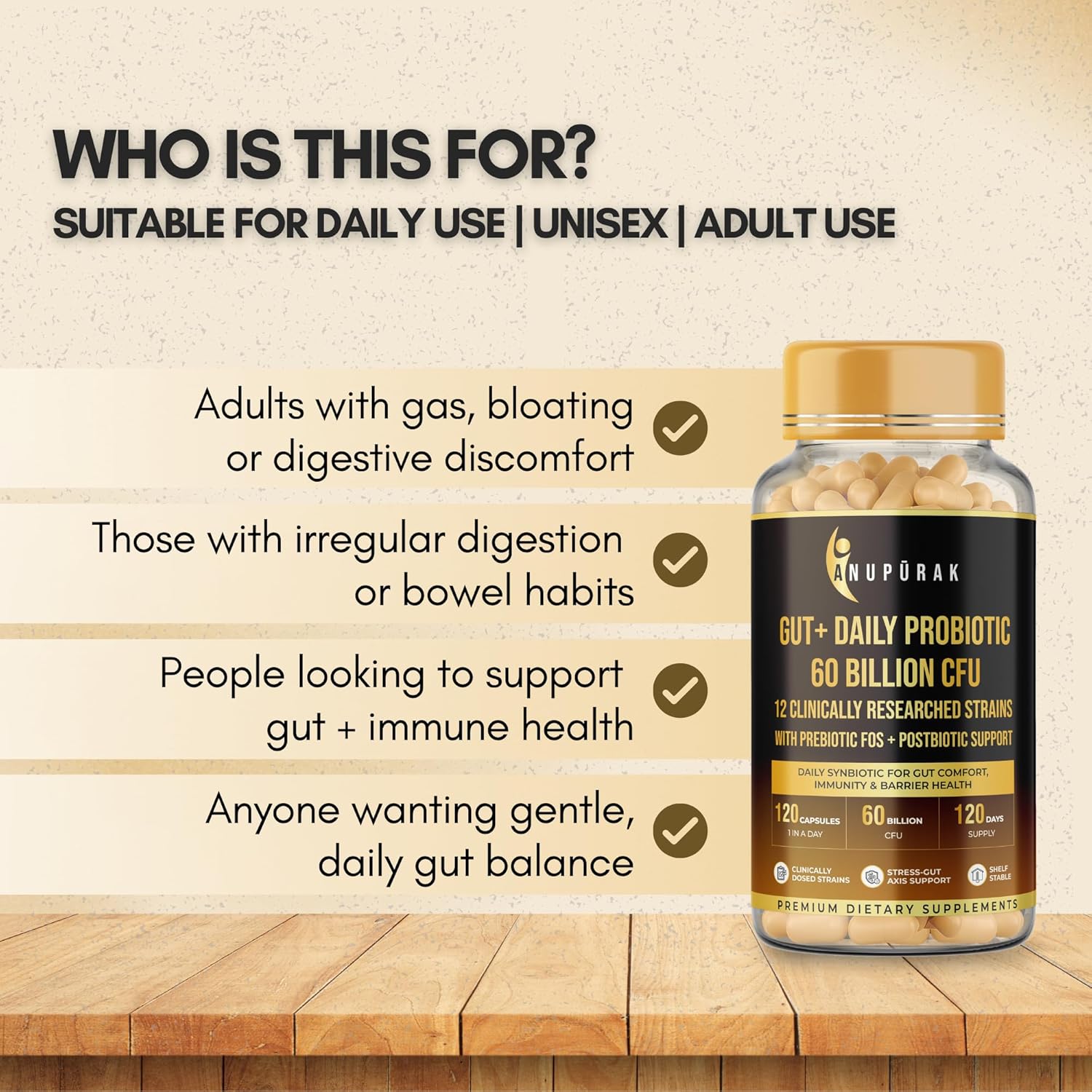 ANUPURAK Gut Health Probiotic 60 Billion CFU — 12 Strains Synbiotic | Postbiotic + FOS & GOS Prebiotics | Supports Digestion, Gut Flora & Immunity | Daily Gut Balance Supplement | 120 Capsules (120 Days)