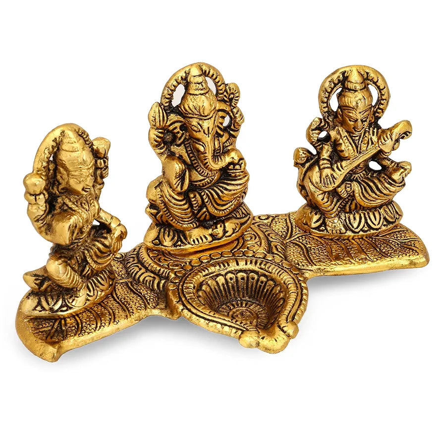 CraftVatika Laxmi Ganesh Saraswati Metal Murti Idol with Diya Showpiece Golden Pooja