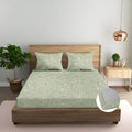 Trance Home Linen 100% Percale Cotton 210 TC Bedsheet Queen Size Printed Fitted Bedspread with 2 Pillow Covers Colour Grape Vine Green