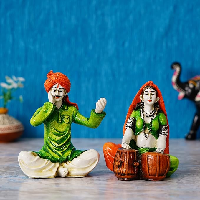 Ecraftindia Handcrafted Polyresin Rajasthani Musician Couple Statue | Men Singing and Women Playing Tabla Musical Instrument