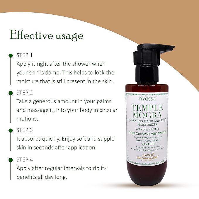 Nyassa Temple Mogra Hand and Body Moisturizer With Shea Butter & Organic Sweet Almond Oil - 200 Ml
