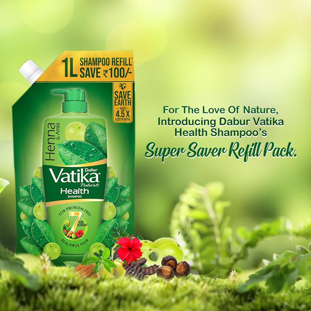 Dabur Vatika Health Shampoo with Henna & Amla for Problem Free Hair - 1L Pouch