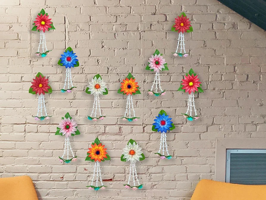 Plastic Artificial Flowers And Leaves Decoration Pack of 12 - Multicolour Flowers