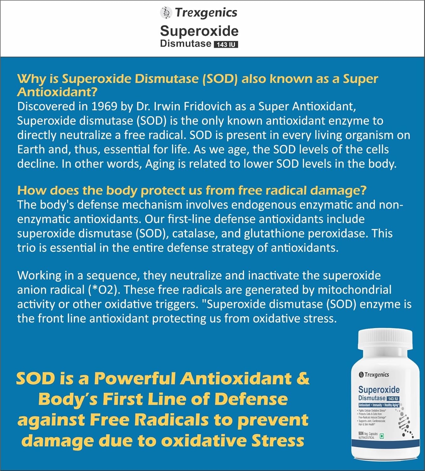 Trexgenics SUPEROXIDE DISMUTASE - SOD 143 IU Antioxidant, Immunity, Healthy Aging, Free radical scavenger (90 Veg Capsules)