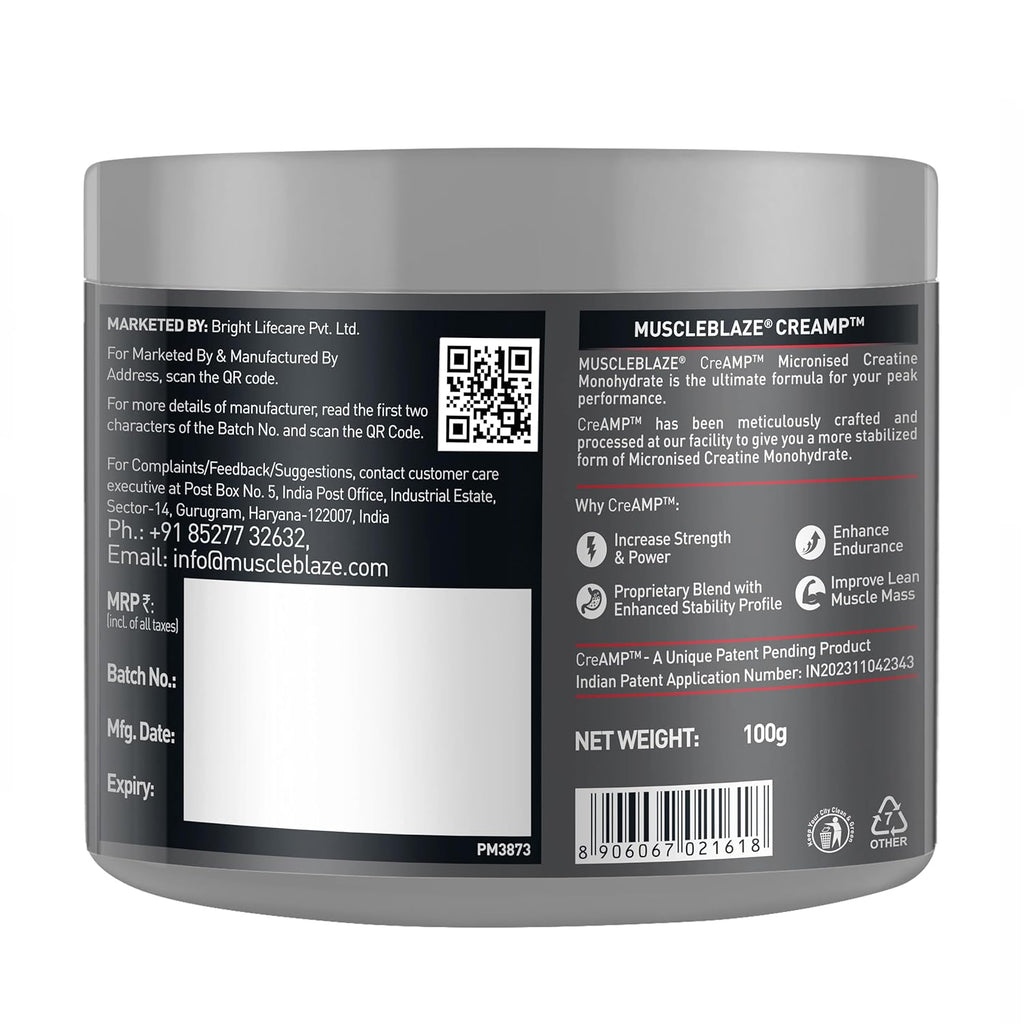 MuscleBlaze Micronised Creatine Monohydrate CreAMP Powder, Unflavoured (32 Servings, 100g) | Trustified Certified Creatine